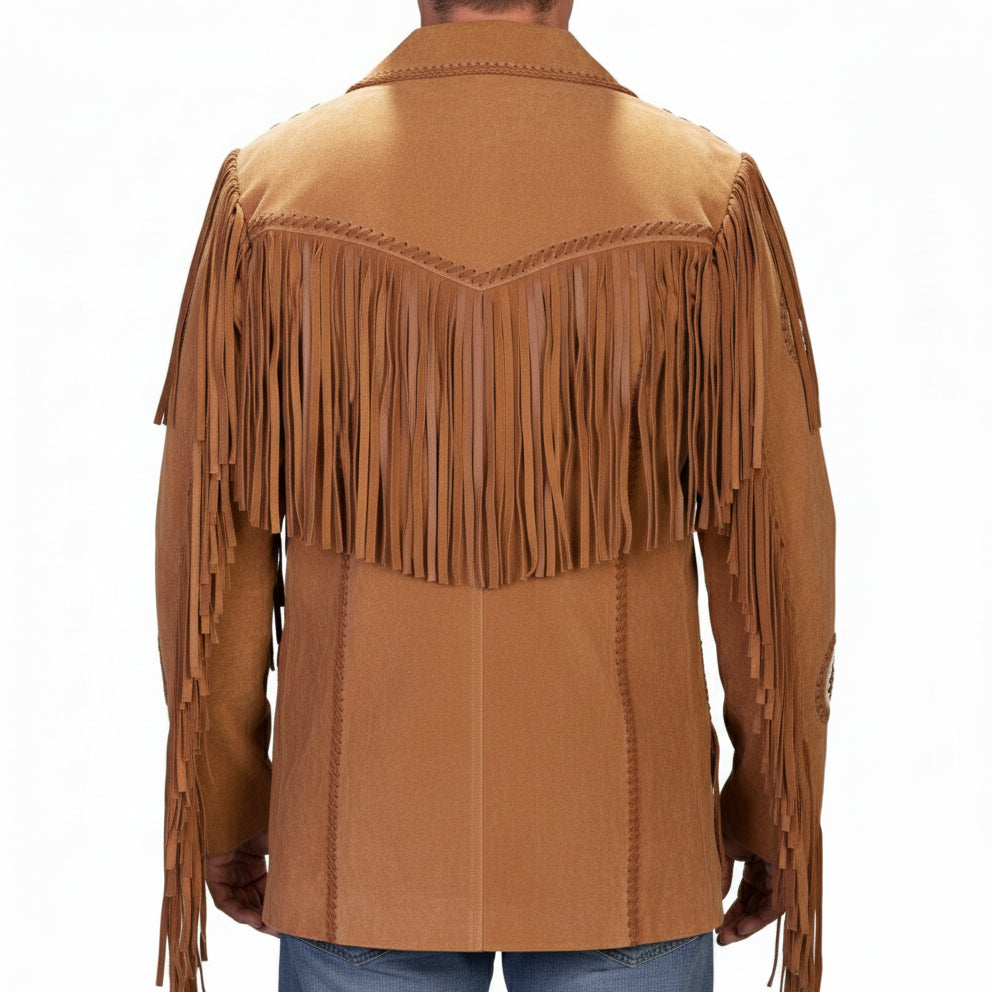 model-back-details - Men's Tan Brown Fringed Suede Leather Cowboy Jacket