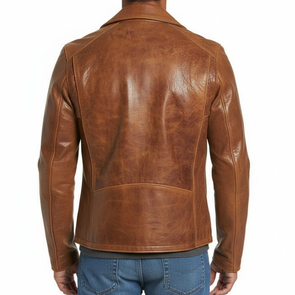 model-back-details - Men's Tan brown Leather Brando Jacket, Genuine Brown leather Biker Jacket