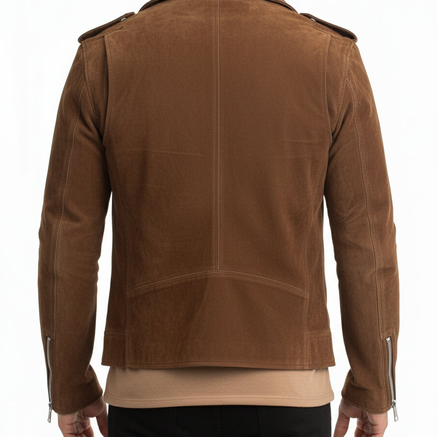 model-back-details - Mens Tan brown Suede biker Jacket, Men brown biker suede leather Jacket
