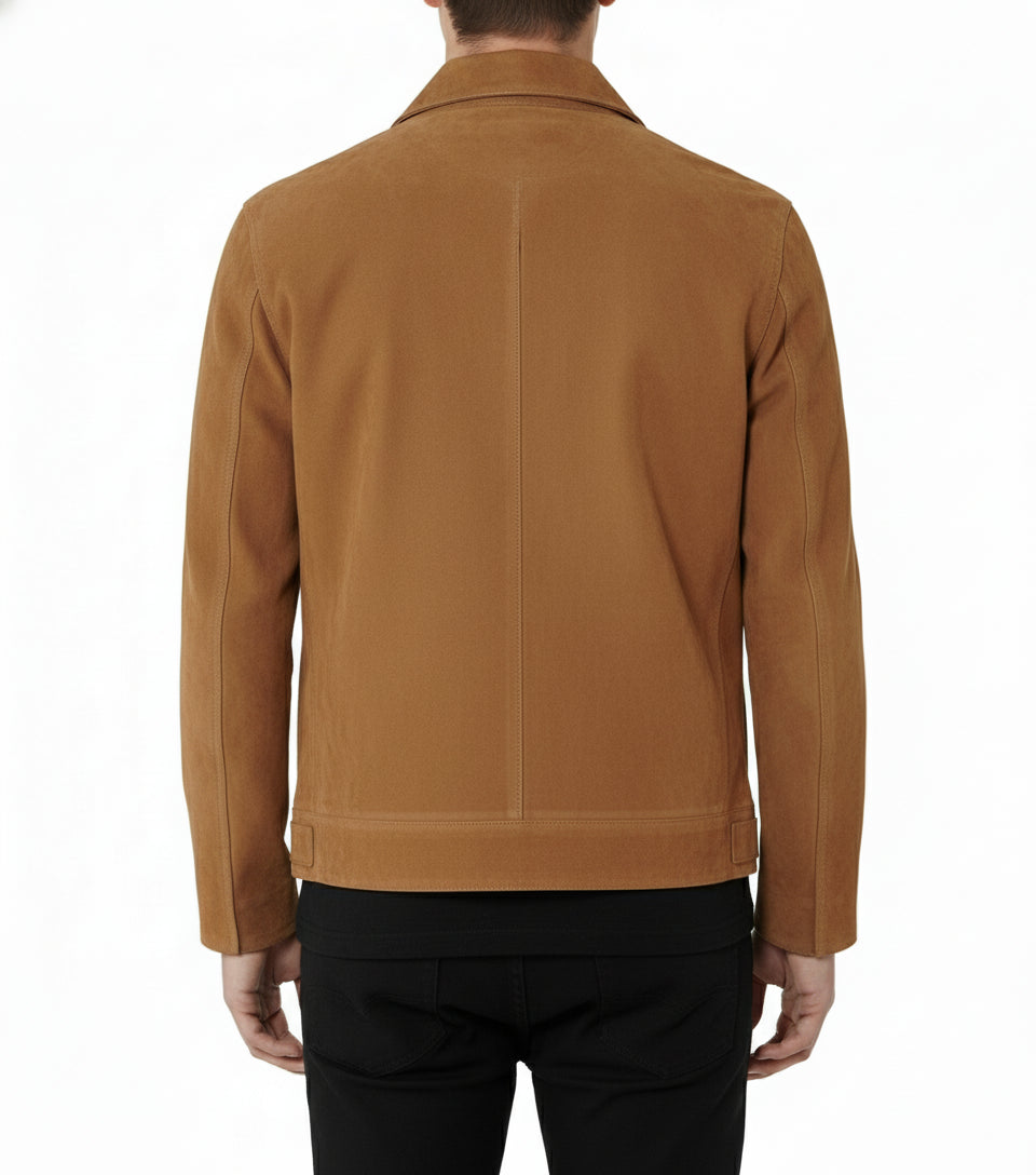 model-back-details - Men's Tan Brown Suede Jacket with Zip Closure