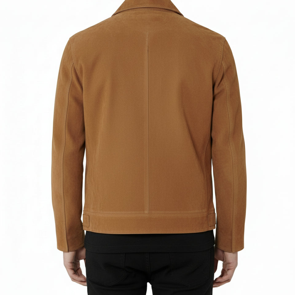 model-back-details - Men's Tan Brown Suede Jacket with Zip Closure