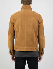 model-back-details - Men's Tan Brown Suede Trucker Jacket