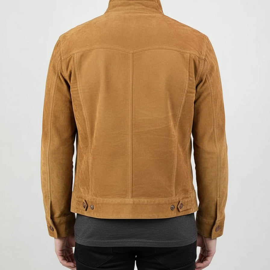 model-back-details - Men's Tan Brown Suede Trucker Jacket