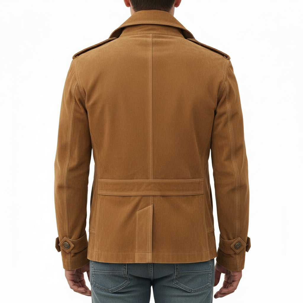 model-back-details - Men's Trench Jacket, Suede Pea Coat, Military Style Jacket, Double-Breasted Leather Coat