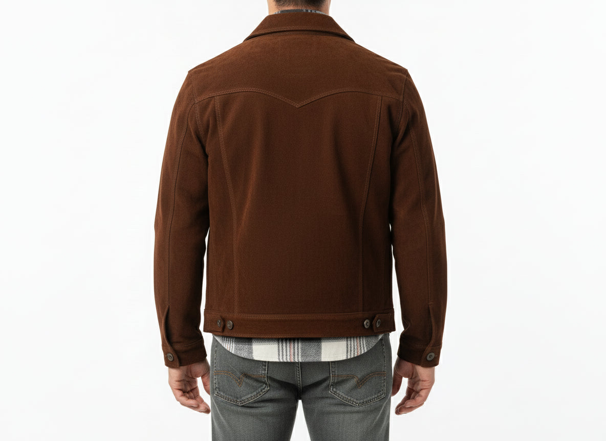 model-back-details - Men's Trucker Jacket, Brown Suede Jacket, Casual Suede Jacket, Men's Casual Jacket