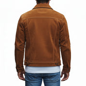 model-back-details - Men's Trucker Suede Jacket, Brown Suede Jacket, Casual Men's Jacket, Button Front Suede Jacket