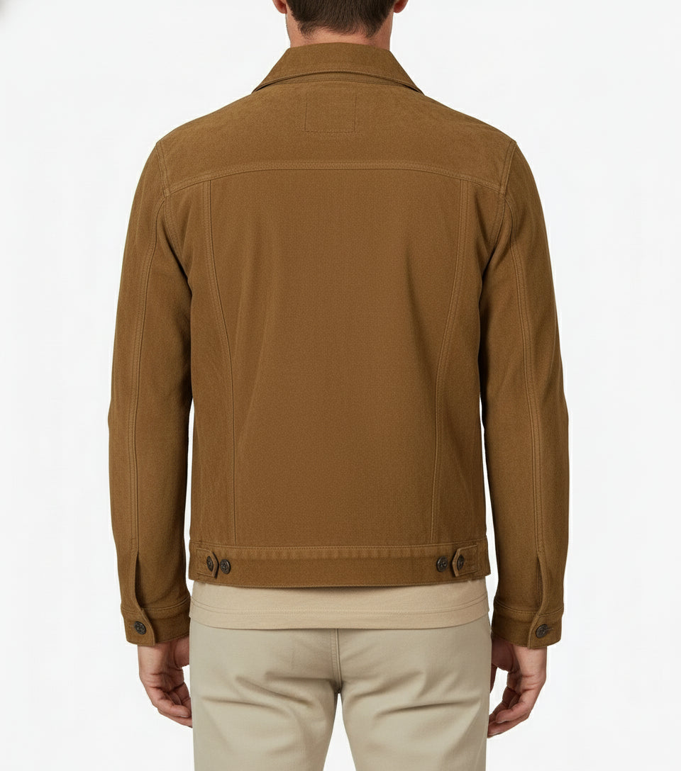 model-back-details - Men's Trucker Suede Jacket, Casual Suede Jacket, Men's Suede Outerwear, Suede Trucker Jacket