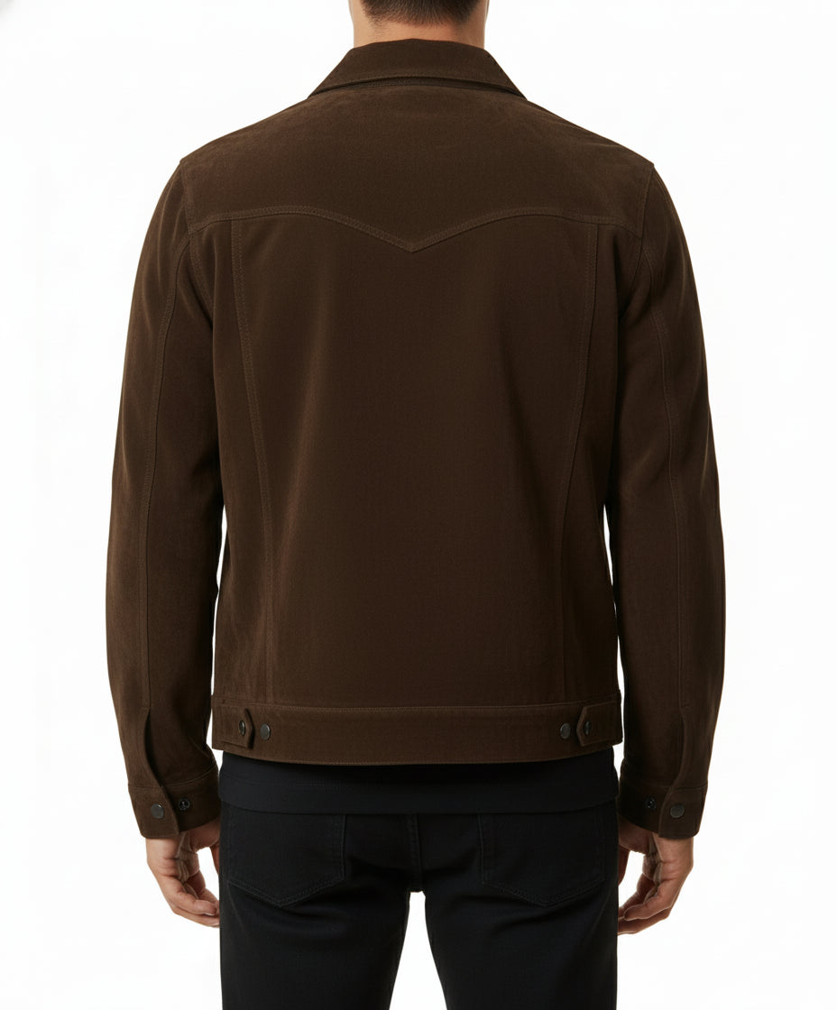model-back-details - Men's Trucker Suede Jacket, Classic Suede Jacket, Casual Men's Jacket, Dark Brown Trucker Jacket