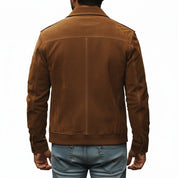 model-back-details - Men's Trucker Suede Jacket, Suede Biker Jacket, Men's Casual Suede Jacket, Suede Moto Jacket