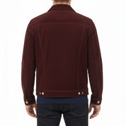 model-back-details - Men's Trucker Suede Jacket, Suede Jacket for Men, Burgundy Suede Trucker Jacket