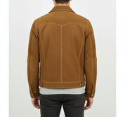 model-back-details - Men's Trucker Suede Jacket, Suede Jacket for Men, Classic Suede Trucker Jacket, Medium Brown Suede Jacket