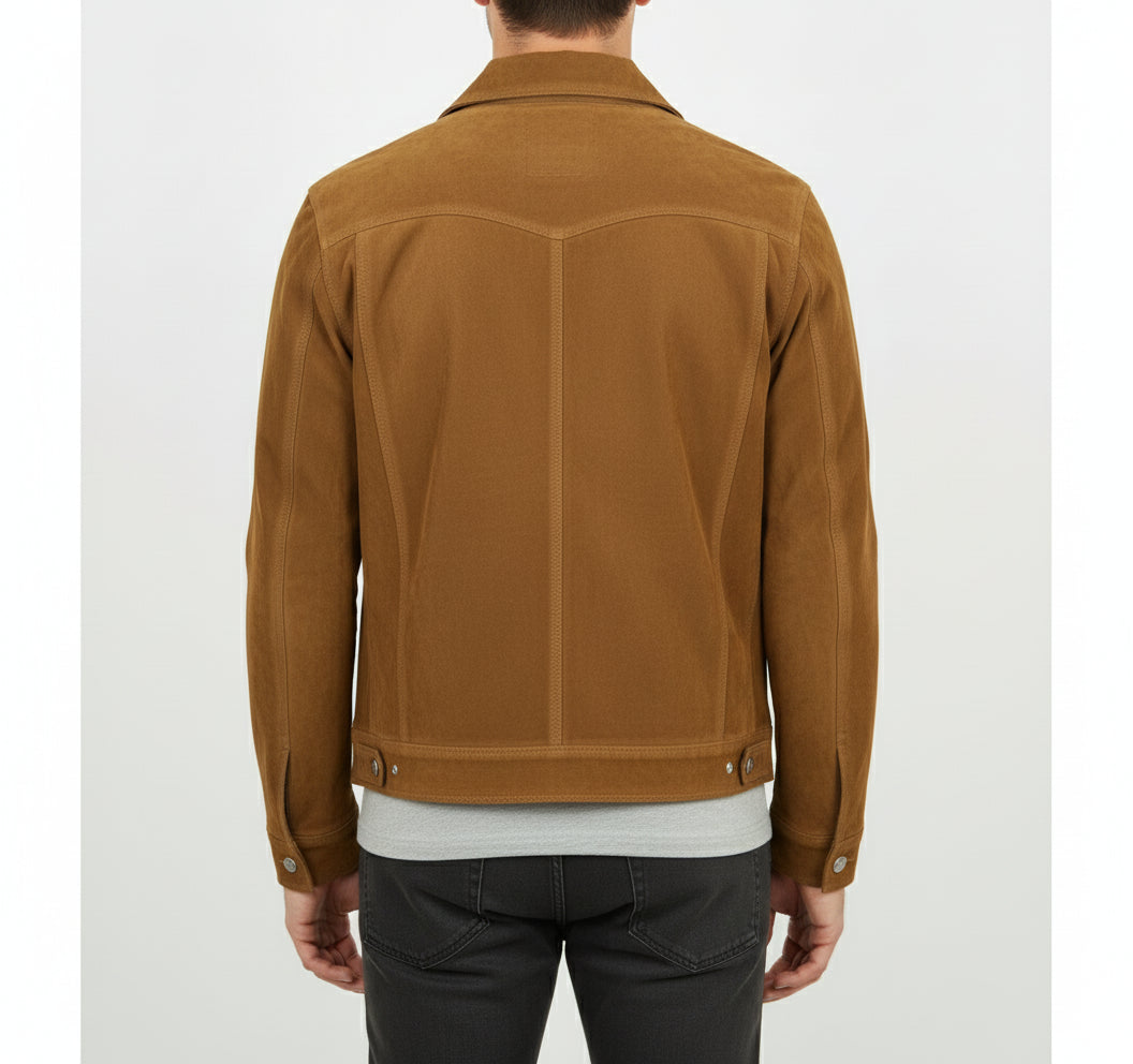 model-back-details - Men's Trucker Suede Jacket, Suede Jacket for Men, Classic Suede Trucker Jacket, Medium Brown Suede Jacket