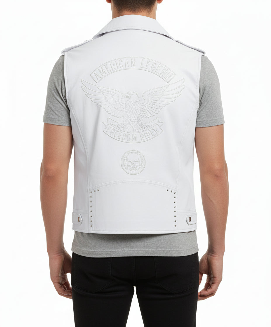 model-back-details - Mens white color leather Vest, Men Sleeve less leather Jacket