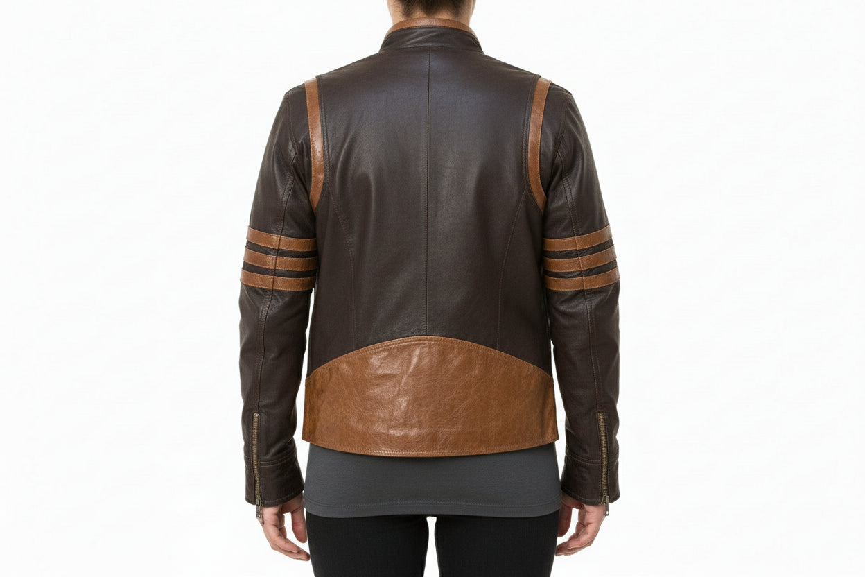 model-back-details - Men’s X-Men Inspired Brown Leather Jacket, Stylish Motorcycle Jacket