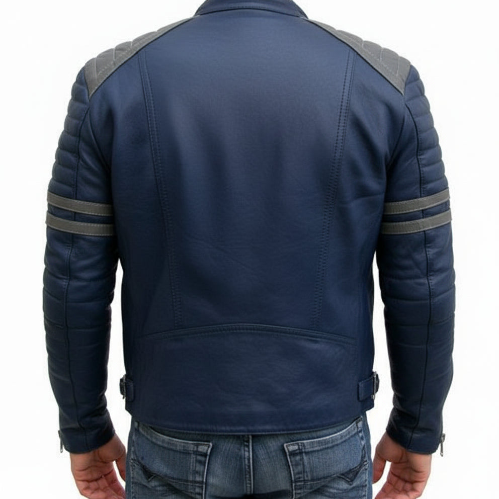 model-back-details - New Men's Blue Leather Color Jacket, Bomber Jacket