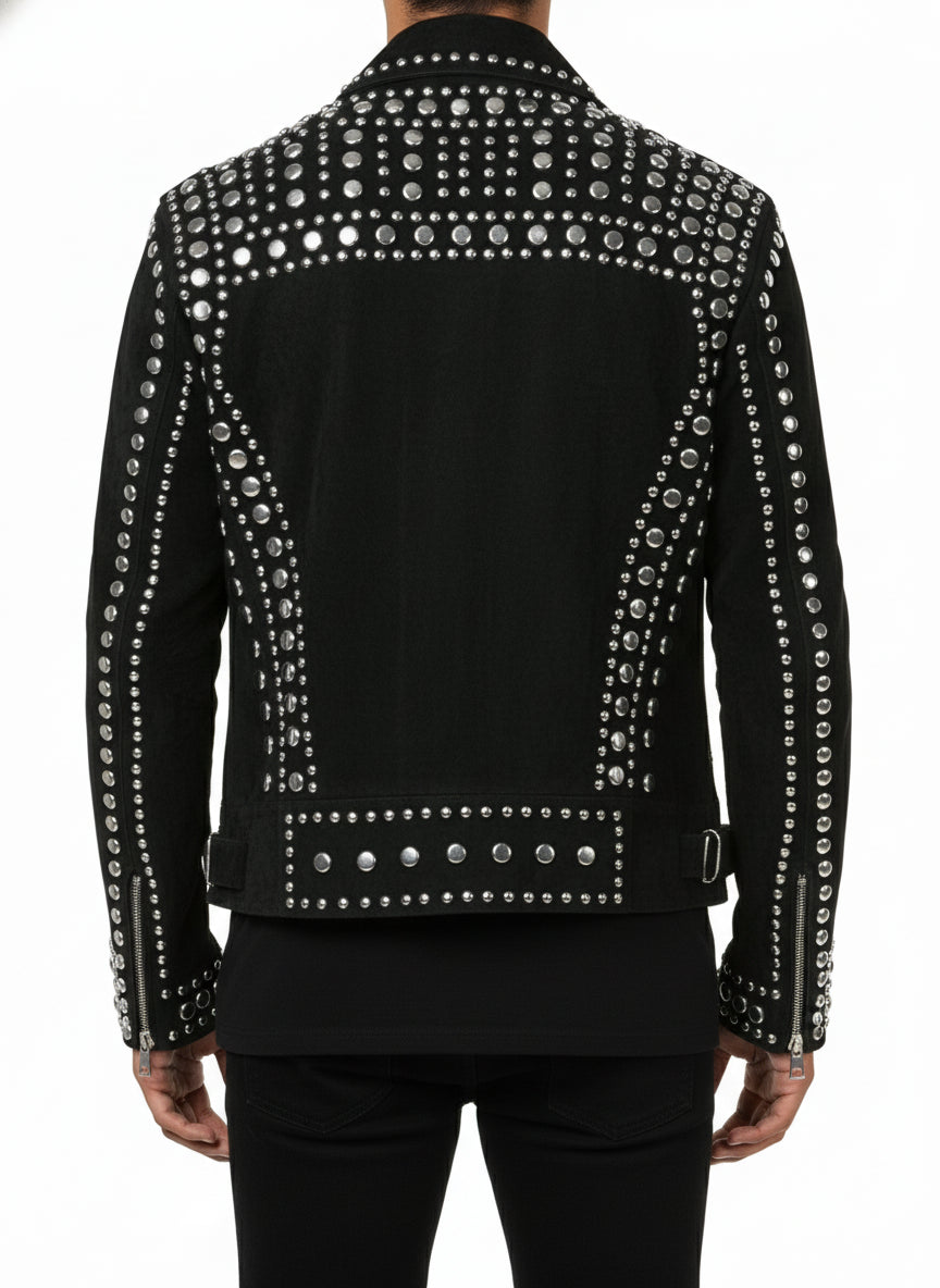 model-back-details - Punk Men Black Studded Jacket, Suede Studded Jacket, Jackets