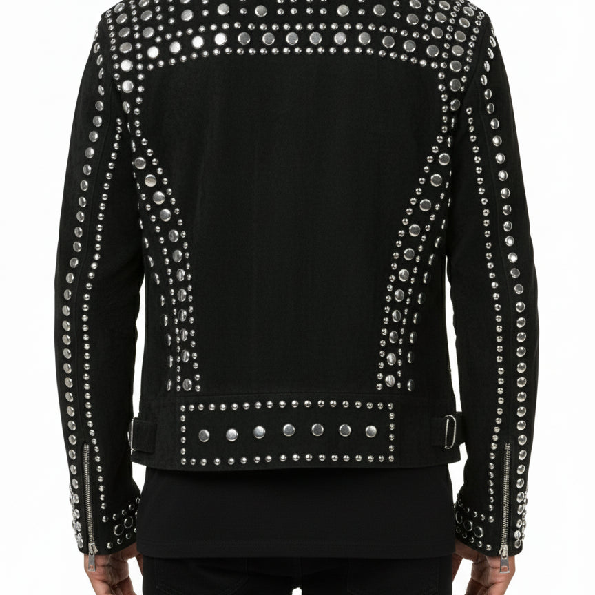 model-back-details - Punk Men Black Studded Jacket, Suede Studded Jacket, Jackets