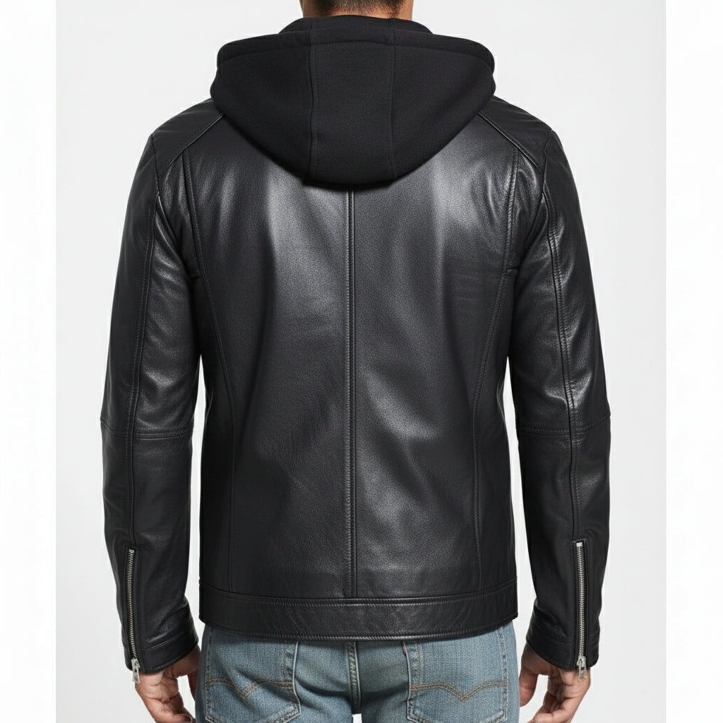model-back-details - Punk Men Hooded Leather Jacket Black Biker Leather Jacket Fashion Jacket