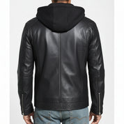 model-back-details - Punk Men Hooded Leather Jacket Black Biker Leather Jacket Fashion Jacket