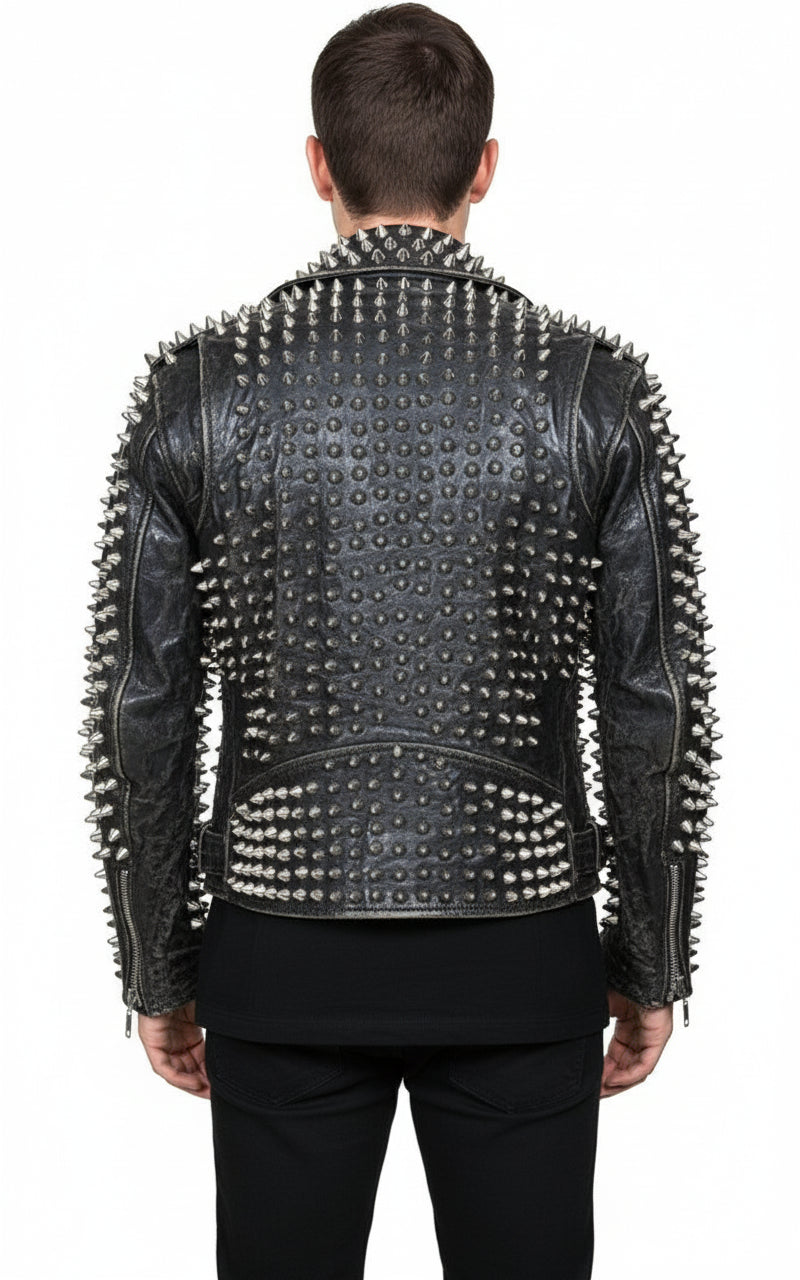 model-back-details - Punk Men Silver Studded Custom Patches Long Spike Brando Belted Jacket