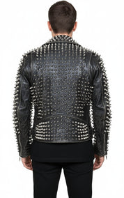 model-back-details - Punk Men Silver Studded Custom Patches Long Spike Brando Belted Jacket