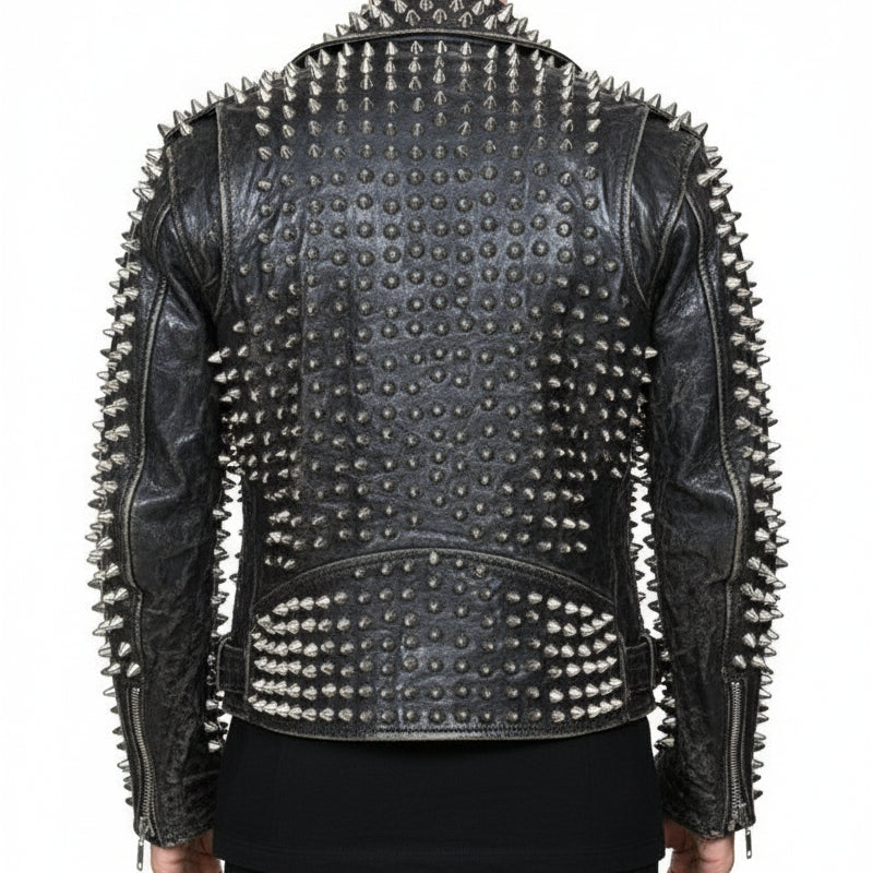 model-back-details - Punk Men Silver Studded Custom Patches Long Spike Brando Belted Jacket