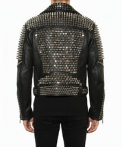 model-back-details - Punk Men Silver Studded Leather Black Rock Studded Leather Jackets
