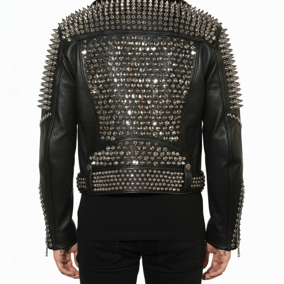 model-back-details - Punk Men Silver Studded Leather Black Rock Studded Leather Jackets