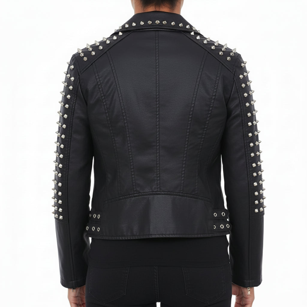 model-back-details - Punk New Women Style Short Studded Leather Jacket, Fashion Jacket for Women