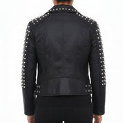 model-back-details - Punk New Women Style Short Studded Leather Jacket, Fashion Jacket for Women