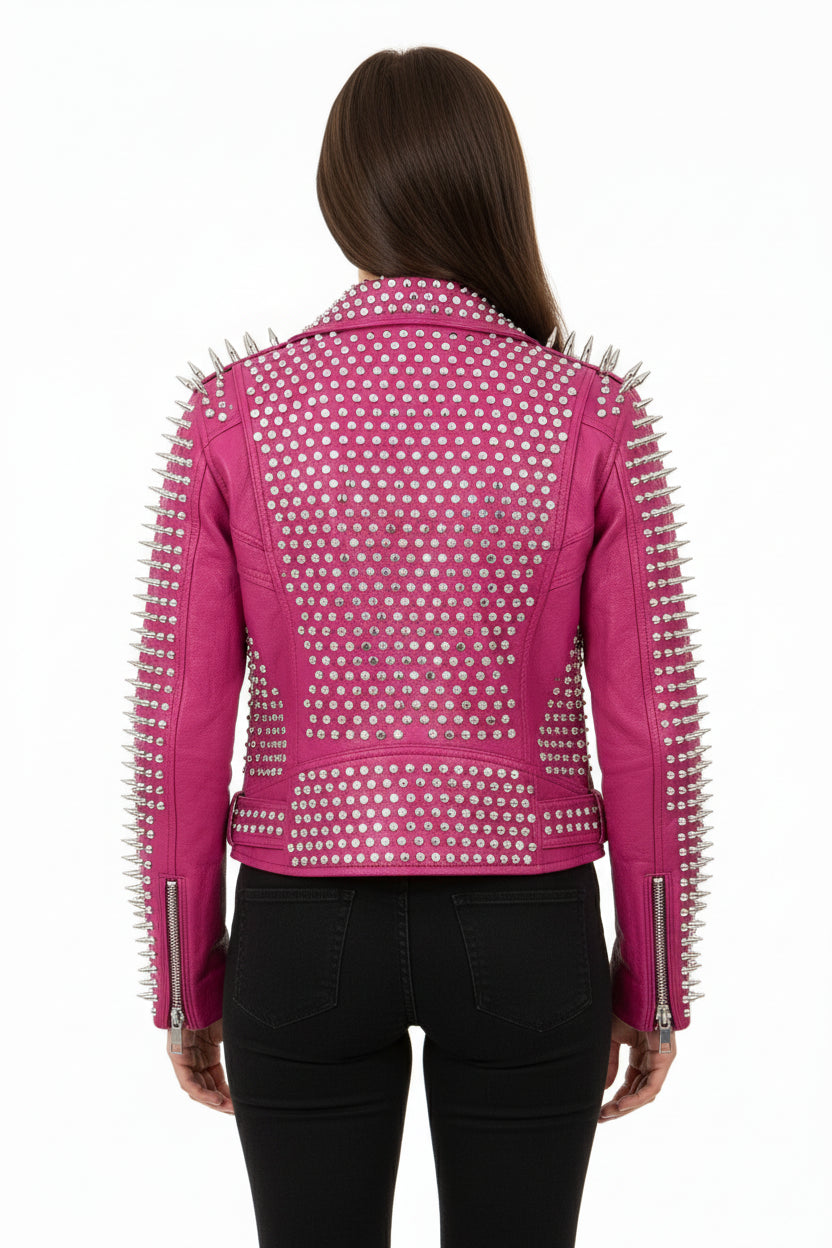 model-back-details - Punk women Full Long Spiked Studded Brando Pink Leather Jacket