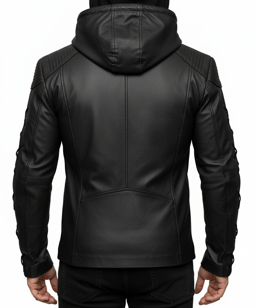 model-back-details - Roy Harper Black Arrow Jacket, Men Leather Jacket Celebrity Jackets For