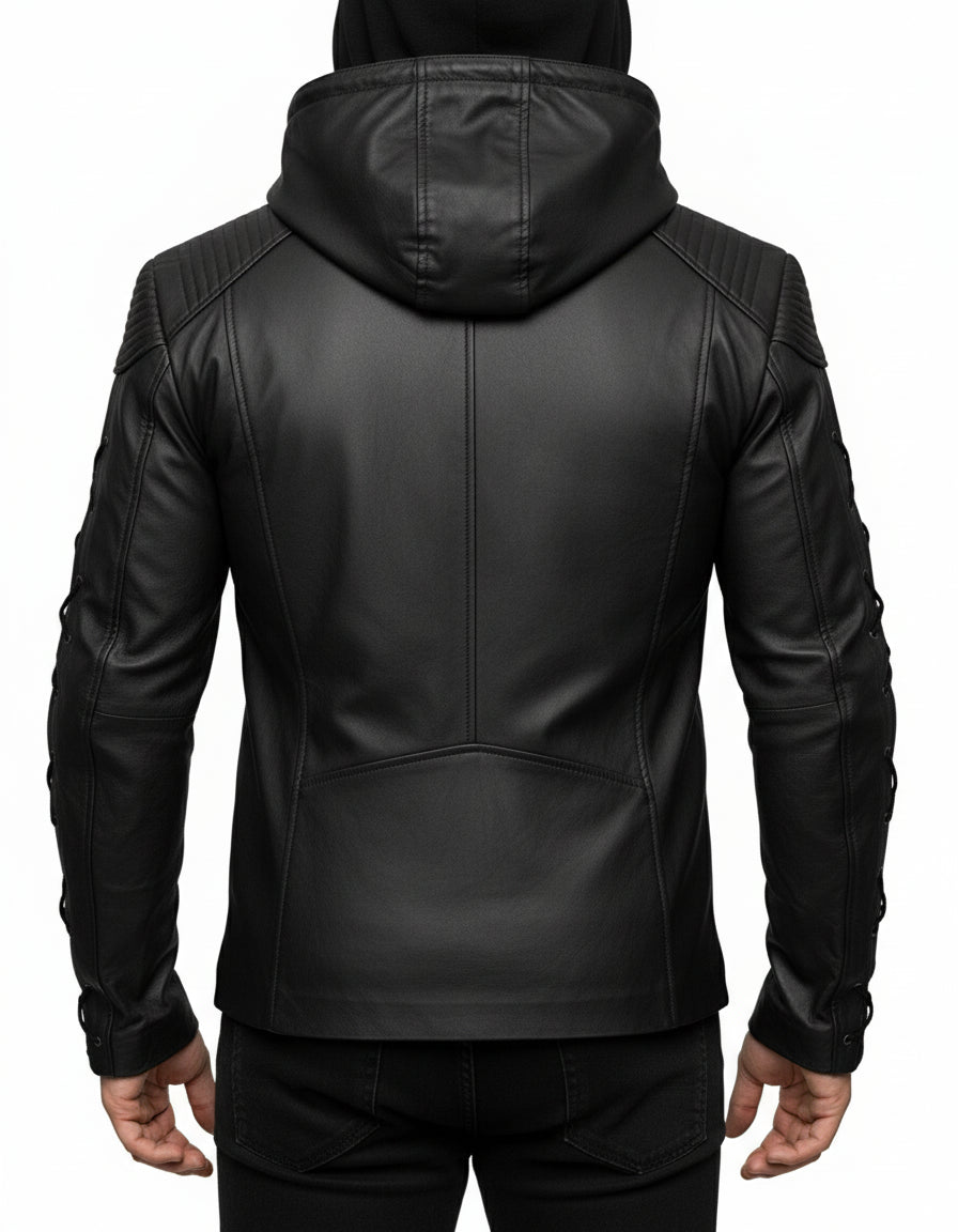 model-back-details - Roy Harper Black Arrow Jacket, Men Leather Jacket Celebrity Jackets For