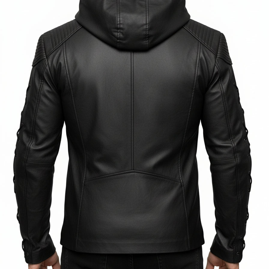 model-back-details - Roy Harper Black Arrow Jacket, Men Leather Jacket Celebrity Jackets For