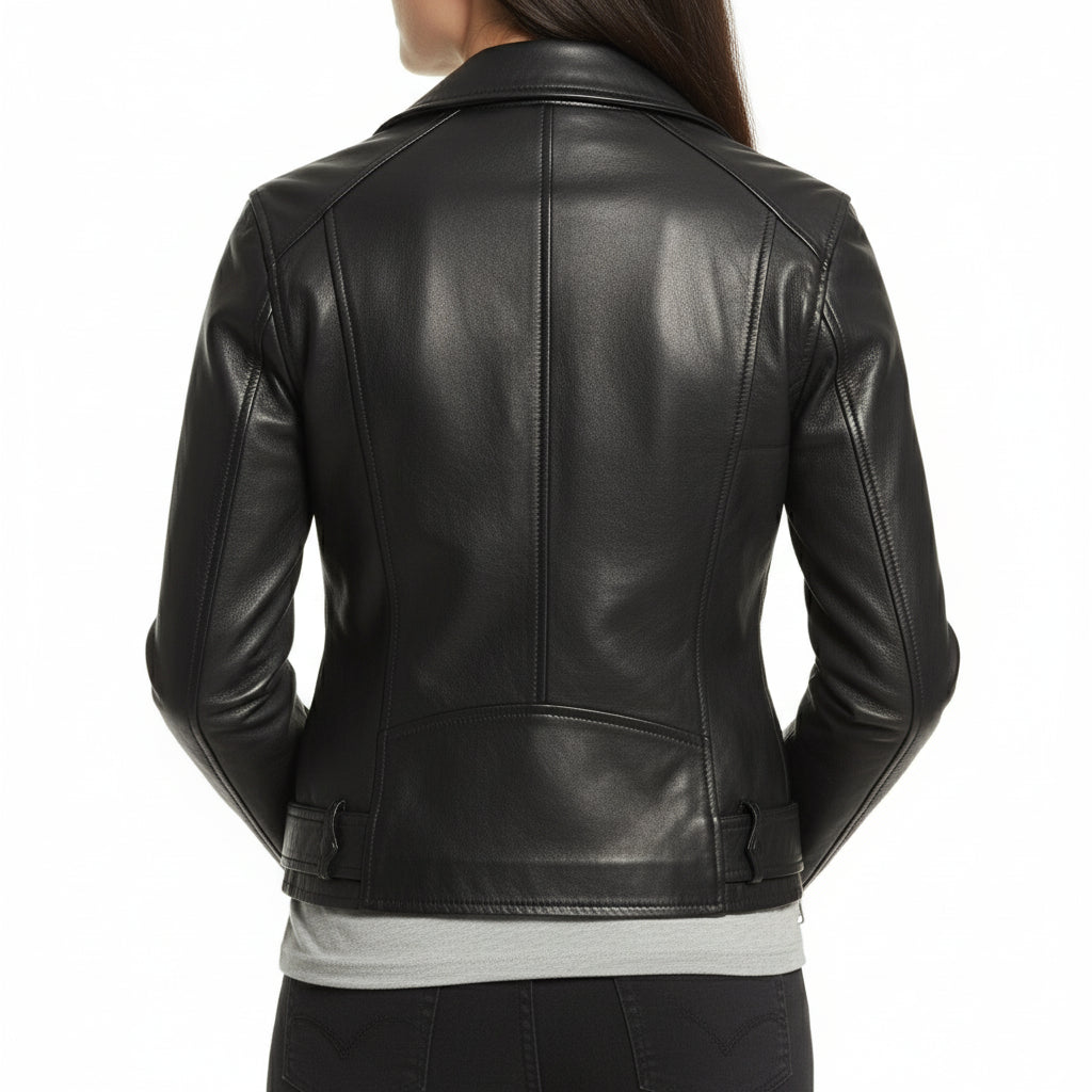 model-back-details - Women black Biker leather Jacket, Sheepskin Belted jacket for women