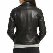 model-back-details - Women black Biker leather Jacket, Sheepskin Belted jacket for women