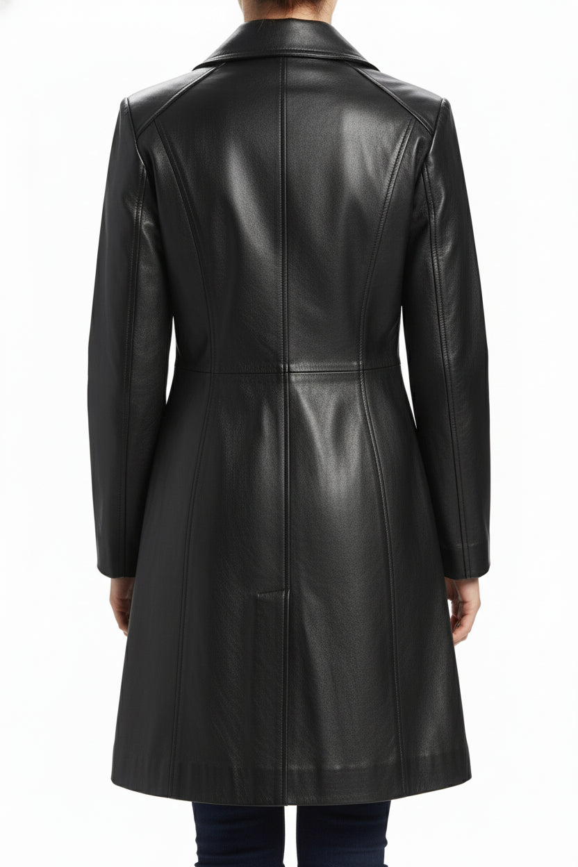 model-back-details - Women Black Color Genuine Lamb Skin Walking Coat, Black Long Coat