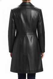 model-back-details - Women Black Color Genuine Lamb Skin Walking Coat, Black Long Coat