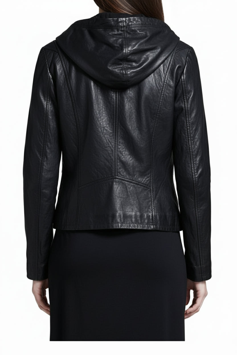 model-back-details - Women Black Hooded Leather Jacket, Leather Jackets, Hoodies
