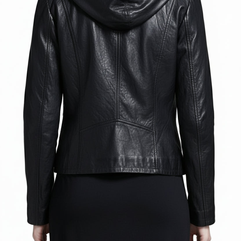 model-back-details - Women Black Hooded Leather Jacket, Leather Jackets, Hoodies