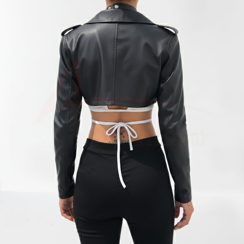 model-back-details - Women Black Leather Cropped Biker Jacket, Chic fashion cropped jacket