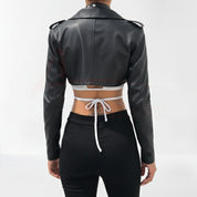 model-back-details - Women Black Leather Cropped Biker Jacket, Chic fashion cropped jacket