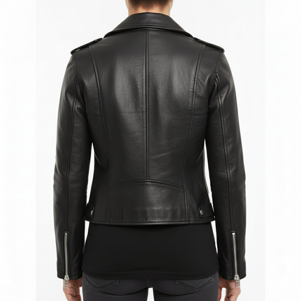 model-back-details - Women Black Leather moto Jacket, Womens Fashion black leather belted Jacket