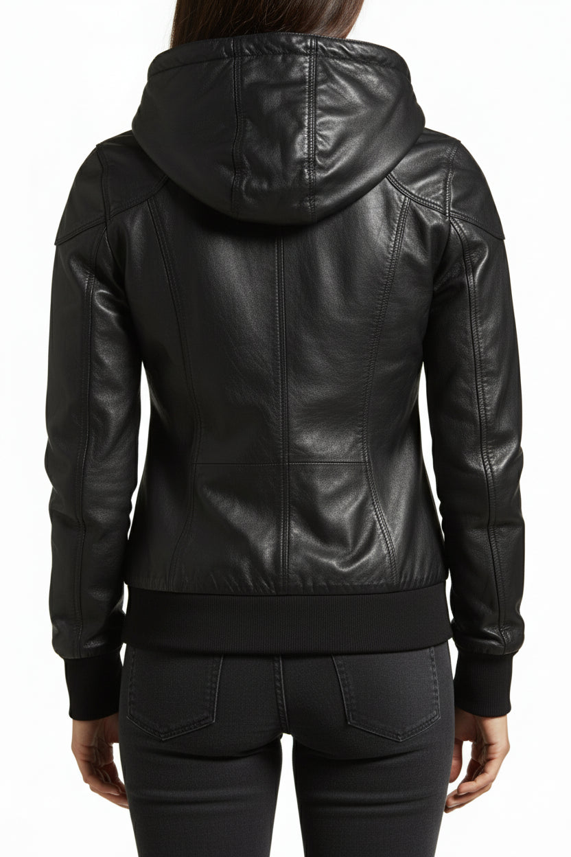 model-back-details - Women Black Removable Hooded Black Leather Jacket, Biker Style Jacket