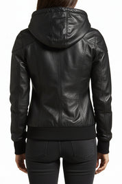 model-back-details - Women Black Removable Hooded Black Leather Jacket, Biker Style Jacket