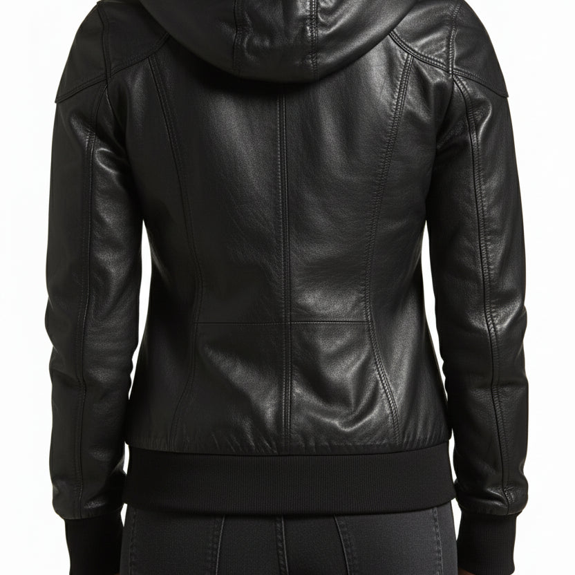 model-back-details - Women Black Removable Hooded Black Leather Jacket, Biker Style Jacket