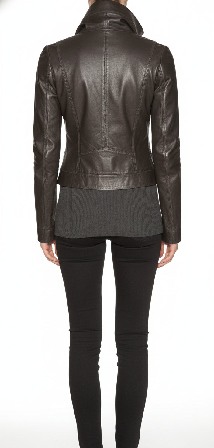 model-back-details - Women Brown Wide Collar Leather Jacket, Fashion Leather Jacket