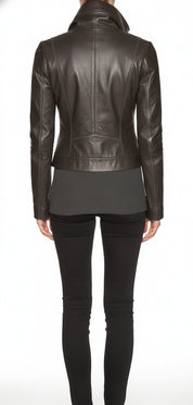 model-back-details - Women Brown Wide Collar Leather Jacket, Fashion Leather Jacket