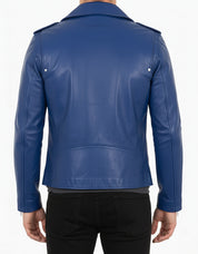 model-back-details - Women Fashion Leather Jacket Blue Leather Jacket, Biker Style Jacket
