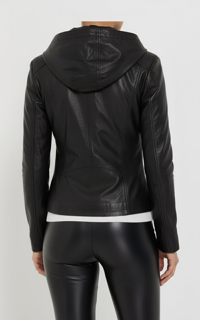 model-back-details - Women's Asymmetrical Moto Leather Jacket, Leather Hooded Jacket, Women's Biker Jacket, Women's Motorcycle Jacket